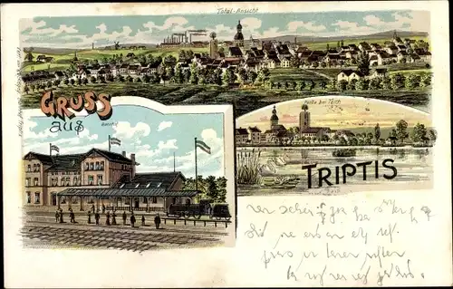 Litho Triptis in Thüringen, Bahnhof, Gleisseite, Totalansicht, Teich