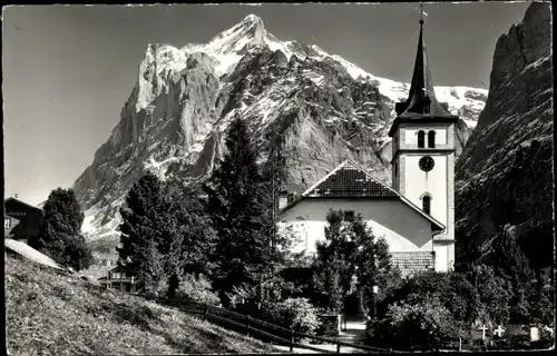 Ak Grindelwald Kanton Bern, Kirche mit Wetterhorn