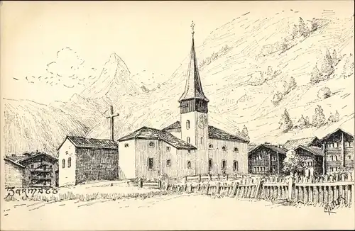 Künstler Ak Meltzer, Zermatt Kanton Wallis Schweiz, Kirche