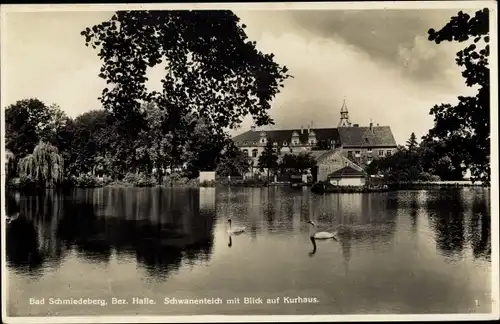 Ak Bad Schmiedeberg in der Dübener Heide, Schwanenteich mit Blick auf Kurhaus