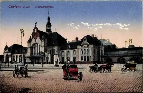 Ak Koblenz in Rheinland Pfalz, Hauptbahnhof, Autos, Kutschen