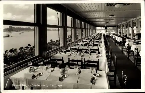Ak Düsseldorf am Rhein, Rheinrestaurant Schnellenburg, Speisesaal, Terrasse