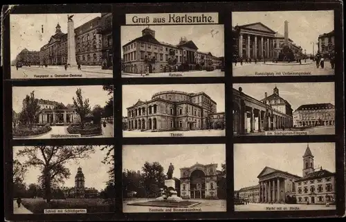 Ak Karlsruhe in Baden, Denkmal, Rathaus, Theater, Markt mit ev. Kirche, Schloss mit Schlossgarten