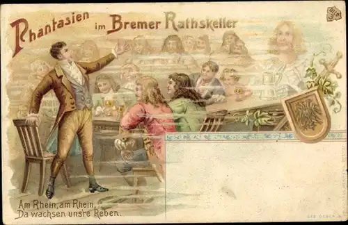 Litho Hansestadt Bremen, Phantasien im Bremer Ratskeller, Bild 3, Wappen, Schwert, Rheinweinlied