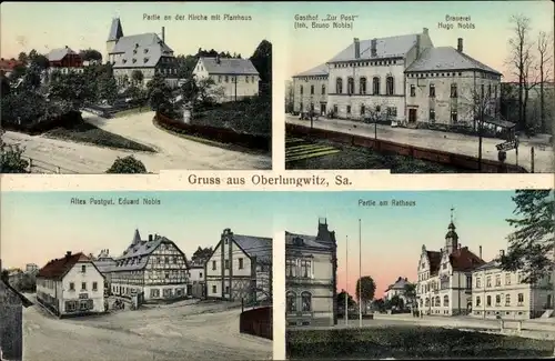 Ak Oberlungwitz in Sachsen, Kirche, Pfarrhaus, Brauerei, Rathaus, altes Postgut