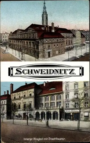 Ak Świdnica Schweidnitz Schlesien, Rathaus, Innerer Ringteil mit Stadttheater