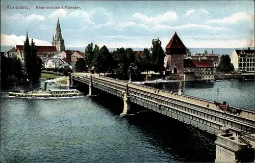 Ak Konstanz am Bodensee, Rheinbrücke und Münster