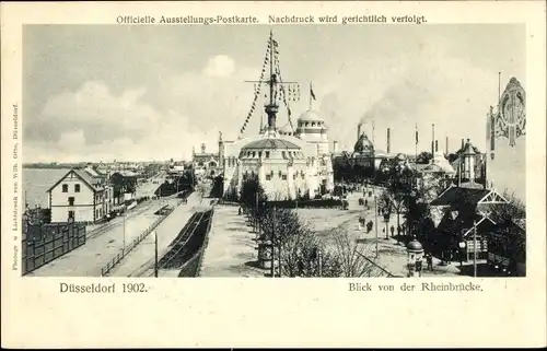 Ak Düsseldorf am Rhein, Ausstellungspostkarte 1902, Blick von der Rheinbrücke