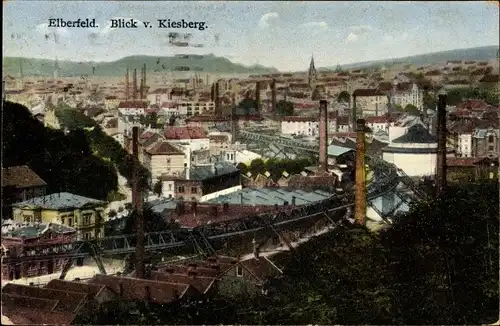 Ak Elberfeld Wuppertal in Nordrhein Westfalen, Blick vom Kiesberg auf den Ort, Schwebebahn