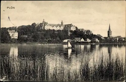 Ak Plön am See Holstein, Panorama, Segelschiff