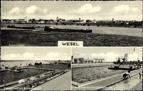 Ak Wesel, Rheinansicht, Sommerbad, Fluss, Schiffe, Badegäste