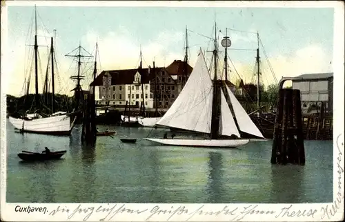 Ak Cuxhaven in Niedersachsen, Hafenpartie, Seegelboote