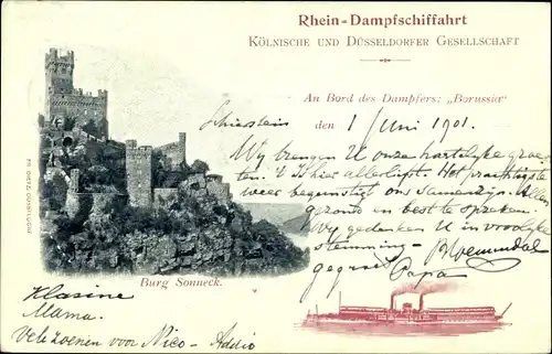 Ak Niederheimbach am Rhein, Burg Sonneck, Dampfer Deutscher Kaiser, Köln. Düss. Gesellschaft