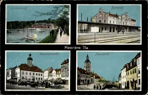 Ak Meerane in Sachsen, Gondelteich, Bahnhof, Wochenmarkt, Neumarkt