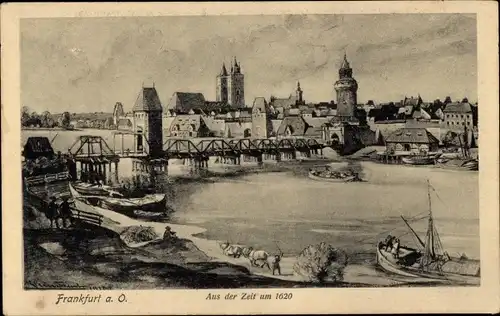 Ak Frankfurt an der Oder, Panorama aus der Zeit um 1620, Brücke, Boote