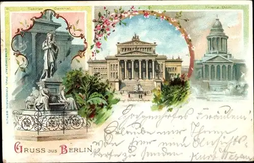 Litho Berlin, Schiller Denkmal, Gendarmenmarkt, Kgl. Schauspielhaus, Franz. Dom