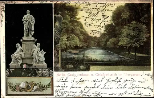 Litho Berlin Tiergarten, Goethedenkmal, Goldfischteich im Tiergarten