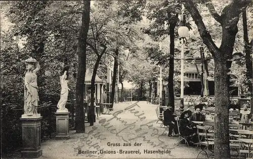 Ak Berlin Kreuzberg Hasenheide, Berliner Unions-Brauerei, Garten, Statuen