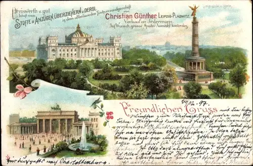 Litho Berlin Tiergarten, Reichstagsgebäude, Siegessäule, Brandenburger Tor, Christian Günther Stoffe
