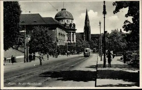 Ak Poznań Posen, Partie an der Paulikirche, Straßenbahn