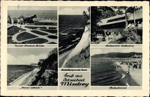 Ak Międzyzdroje Ostseebad Misdroy Pommern, Badestrand, Kaiser-Friedrich-Brücke, Restaurant