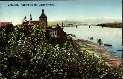 Ak Grudziądz Graudenz Westpreußen, Schlossberg mit Weichselbrücke