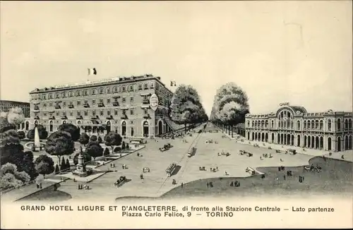 Litho Torino Turin Piemonte, Grand Hotel Ligure et D'Angleterre, Stazione Centrale