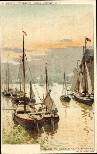 Künstler Litho Ranot, F., Antwerpen Anvers Flandern, Vue de la Tete de Flandre, Segelboote