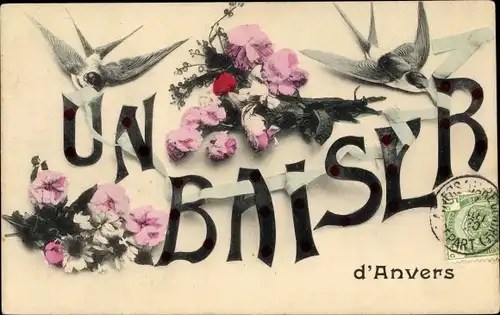Ak Anvers Antwerpen Flandern, Un Baiser, Schwalben, Blumen