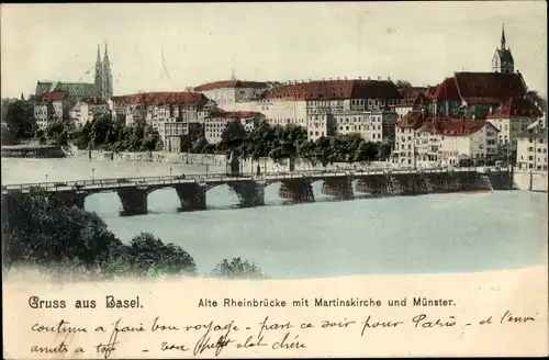 Ak Basel Bâle Stadt Schweiz, Alte Rheinbrücke mit Martinskirche und Münster