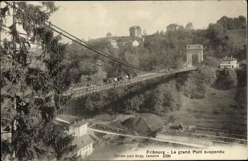 Ak Fribourg Freiburg Stadt Schweiz, Le grand Pont suspendu, Hängebrücke