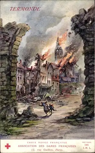 Künstler Ak Termonde Dendermonde Ostflandern, Brennende Häuser, Croix Rouge Francaise