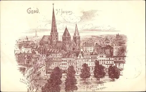 Künstler Litho Gand Gent Ostflandern, Marché du Vendredi, St. Jacques