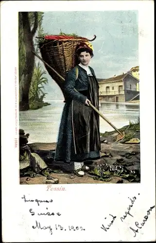 Ak Kanton Tessin, Tessiner in in Tracht, Kiepe