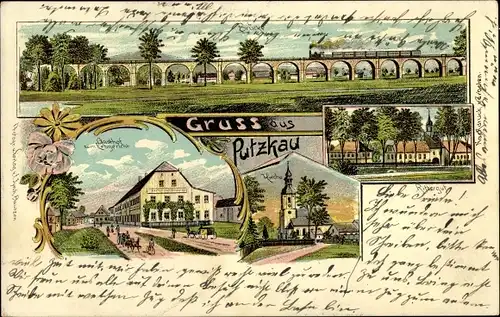 Litho Putzkau in der Oberlausitz, Gasthof, Kirche, Brücke