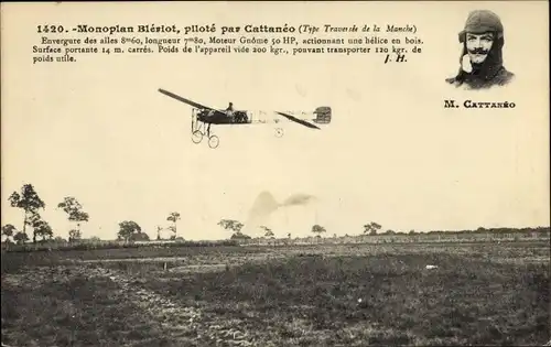 Ak Monoplan Bleriot, pilote par Cattaneo, Flugpionier, Flugzeug