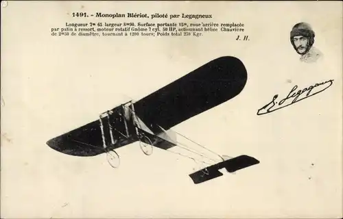 Ak Monoplan Bleriot, pilote par Legagneux, Pilot, Flugzeug