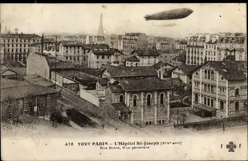 Ak Paris XIV., L'Hopital St. Joseph, Rue Didot, Vue generale, Zeppelin