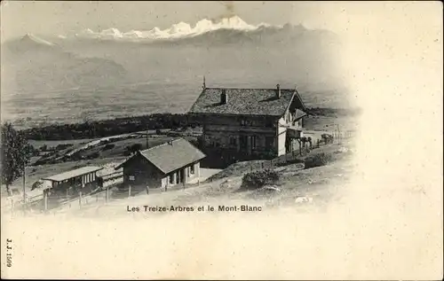 Ak Les Treize Arbres Haute Savoie, vue générale du Mont Blanc, chemin de fer