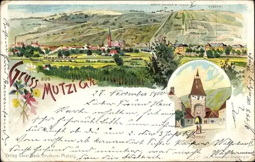 Litho Mutzig Elsass Bas Rhin, Gesamtansicht, Stadttor