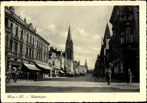 Ak Herne im Ruhrgebiet Westfalen, Bahnhofstraße, Kirche, Geschäfte