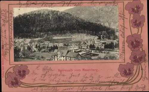 Passepartout Ak Bad Herrenalb im Schwarzwald, Stiefmütterchen, Blick vom Maienberg auf den Ort