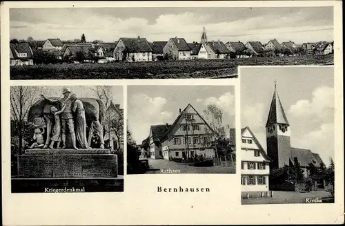 Ak Bernhausen Filderstadt Baden Württemberg, Kriegerdenkmal, Kirche, Rathaus, Totalansicht