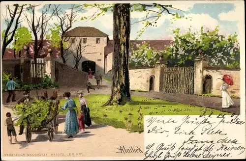 Künstler Litho Mailick, Dorfpartie, Fuhrwerk, Dorfbewohner