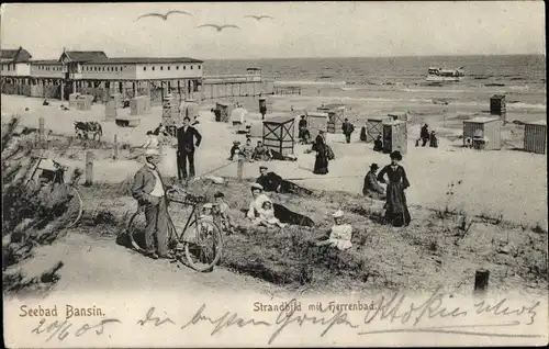 Ak Ostseebad Bansin Heringsdorf auf Usedom, Strandbild mit Herrenbad, Fahrrad