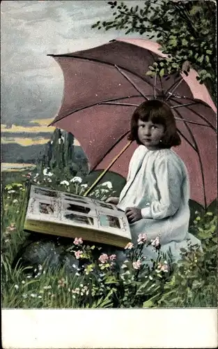 Ak Kinderportrait, Sonnenschirm, Fotoalbum