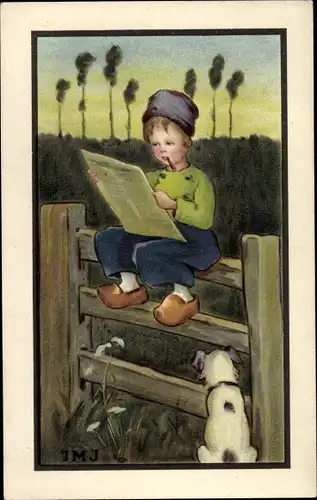 Litho Niederlande, Junge liest Zeitung, Holzzaun, Hund