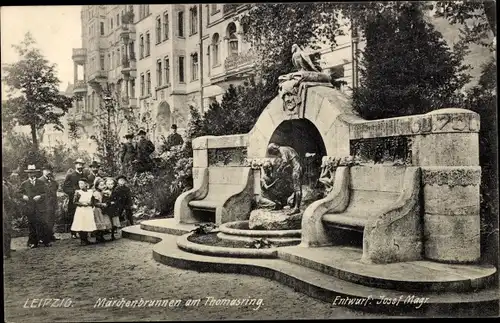 Ak Leipzig in Sachsen, Märchenbrunnen am Thomasring, Entwurf: Josef Magr