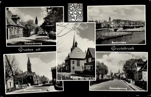 Ak Grootebroek Nordholland, Zesstedenweg, Beukenlaan, Raadhuis, Wappen, Kirche