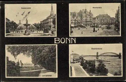 Ak Bonn am Rhein, Kaiserplatz, Marktplatz, Universität, Rheinbrücke